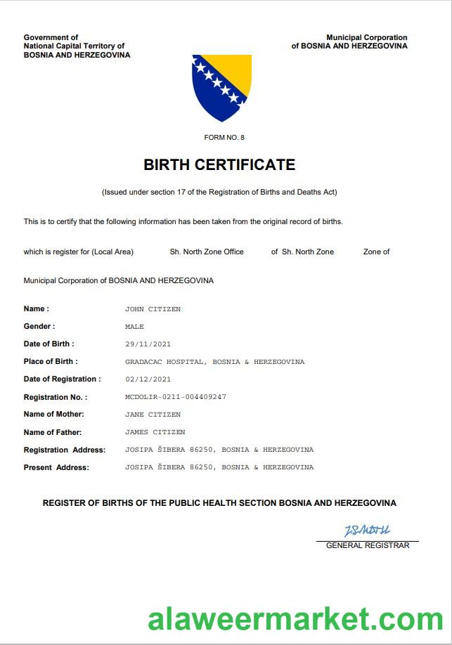 Bosnia and Herzegovina vital record birth certificate Word and PDF template